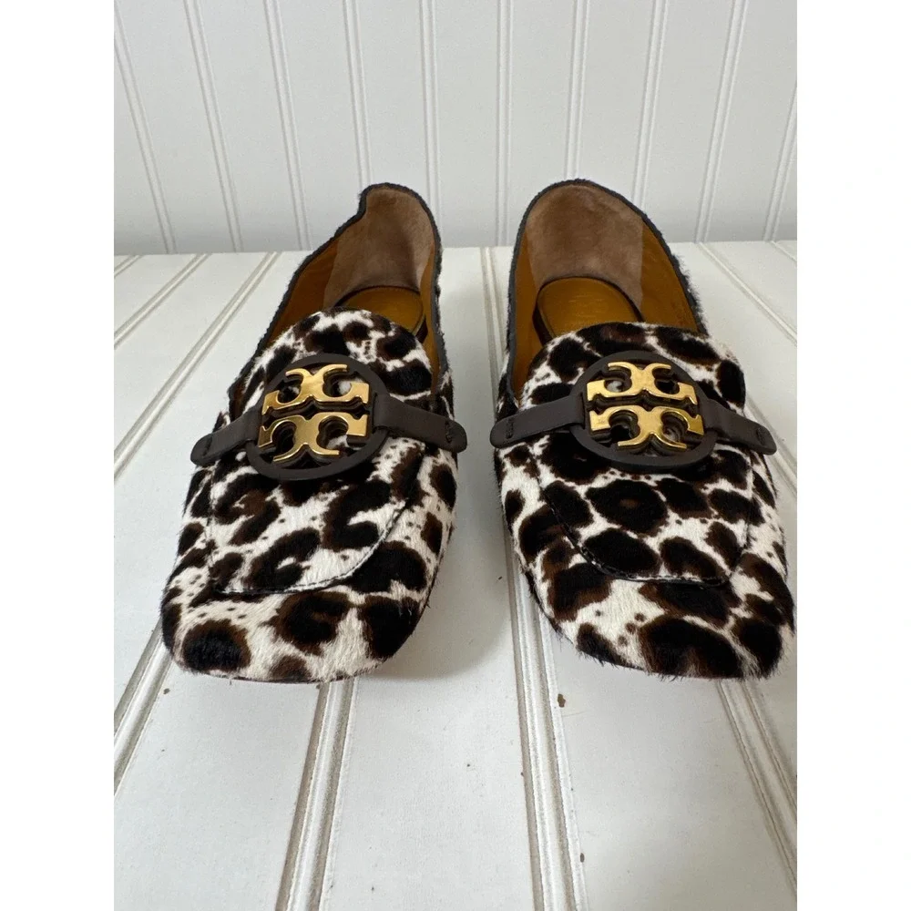 Tory Burch Metal Miller 15 mm Loafers Women 6M Brown Leopard Calf Hair Gold Logo
